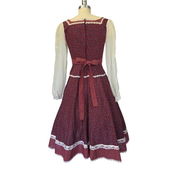 Gunne Sax Peplum Midi Dress Size 9 Burgundy Floral Calico Velvet Corset 70s VTG - Picture 9 of 10